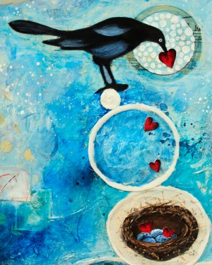 ekphrastic bird with hearts