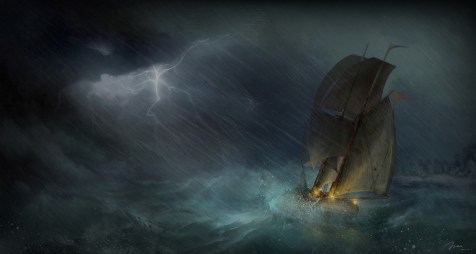 SOS sea-ship-sailing-art-storm-lightning-ocean-rain-painting